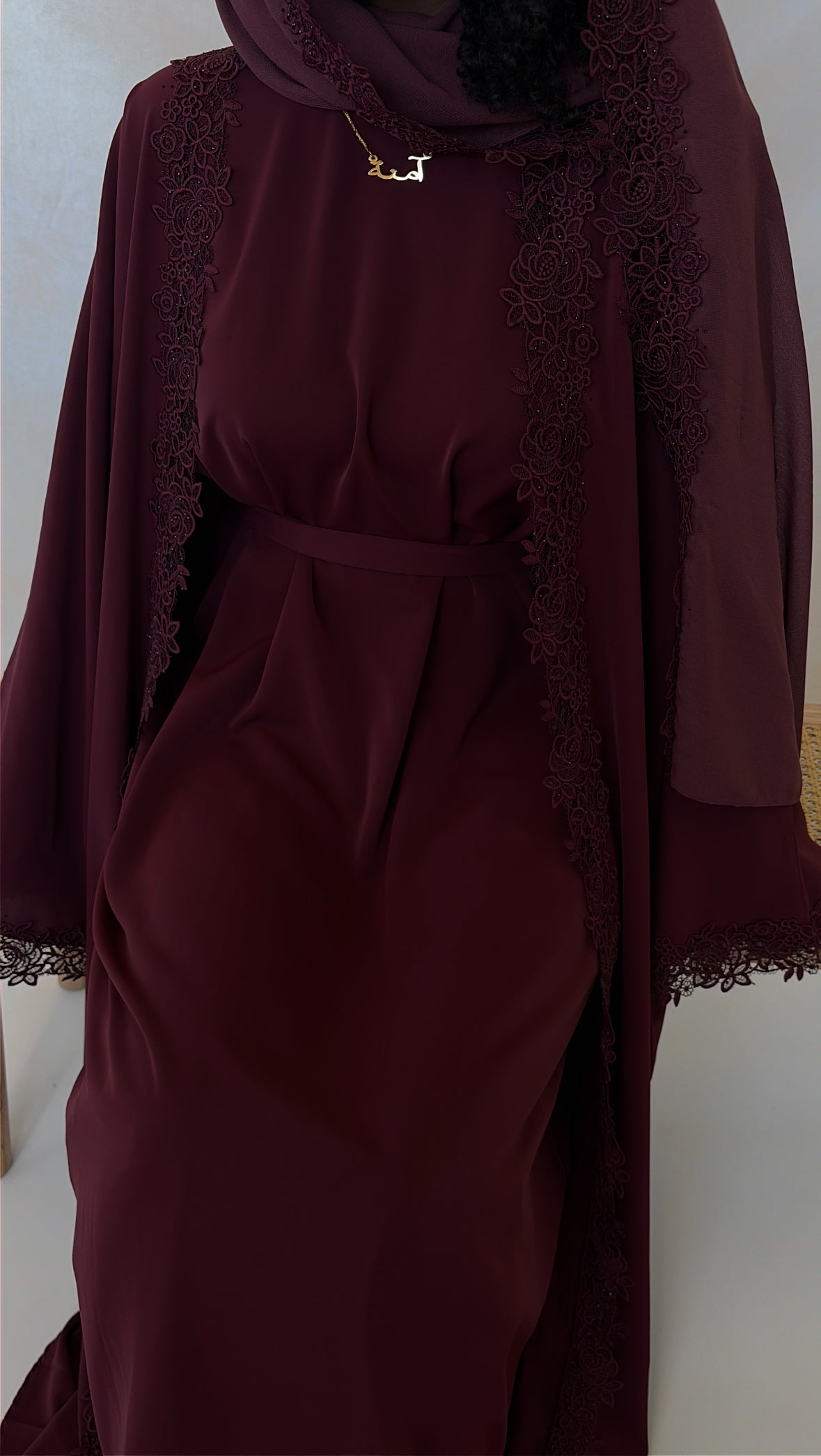 Lace Abaya Set - Burgundy