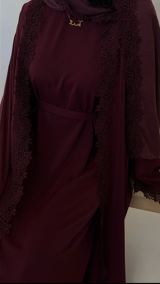 Lace Abaya Set - Burgundy